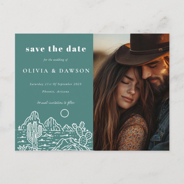 Cactus Line Art Desert Foto Save the Date Postkarte (Vorderseite)