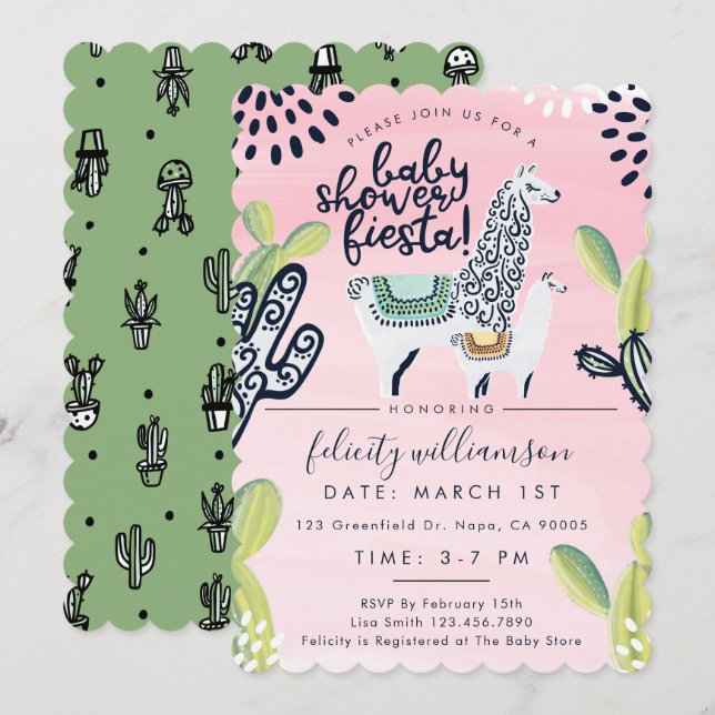 Cactus & Llama Baby Girl Shower Fiesta Einladung (Vorne/Hinten)