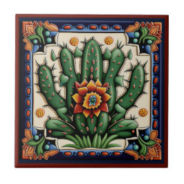 Cactus mexikanisches Huichol Keramik 12/12 Fliese