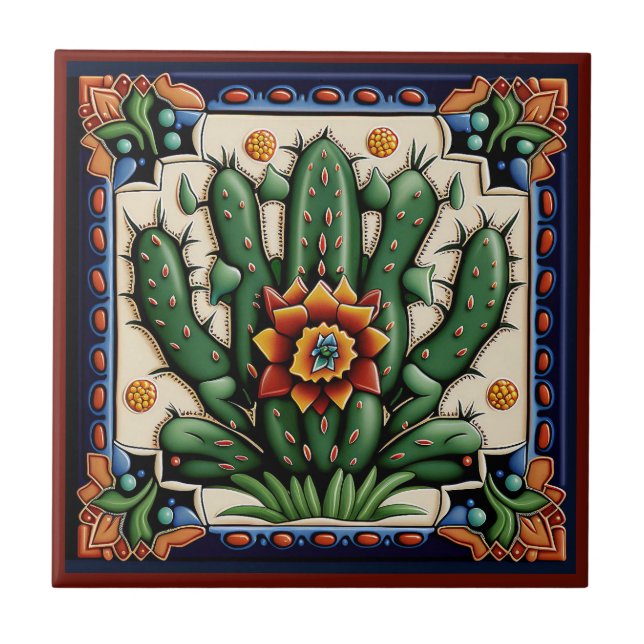 Cactus mexikanisches Huichol Keramik 12/12 Fliese (Vorderseite)