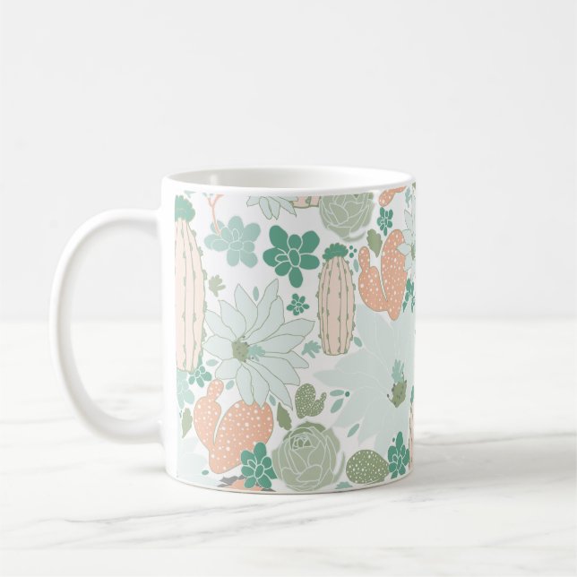 Cactus Muster Niedlich Print Coral Mint Gray Green Kaffeetasse (Links)