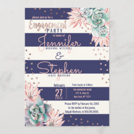 Cactus Navy Stripes Rose Gold Engagement Party Einladung
