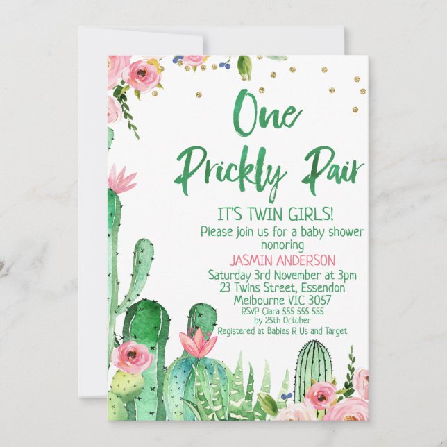 Cactus One Prickly Pair Twins Baby Shower Einladung (Vorderseite)
