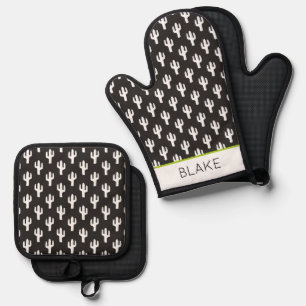 Cactus Pattern Black NAME Desert Südwest Fun Ofenhandschuh & Topflappen-Set