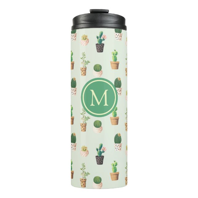 Cactus Pattern Mint Green Monogram Thermosbecher (Vorderseite)