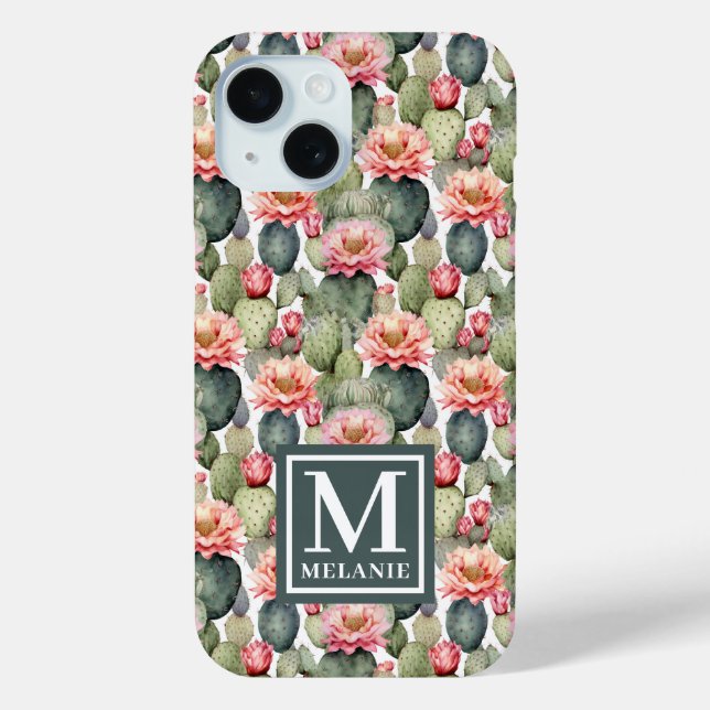 Cactus Pattern Pink Blume Monogramm Case-Mate iPhone Hülle (Rückseite)