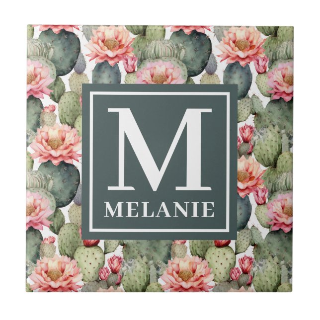 Cactus Pattern Pink Blume Monogramm Fliese (Vorderseite)
