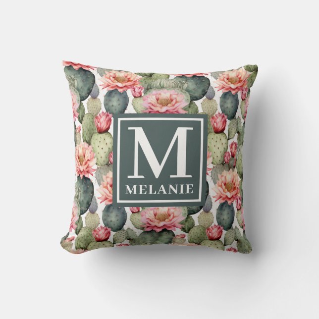 Cactus Pattern Pink Blume Monogramm Kissen (Vorderseite)