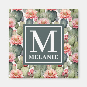 Cactus Pattern Pink Blume Monogramm Magnet