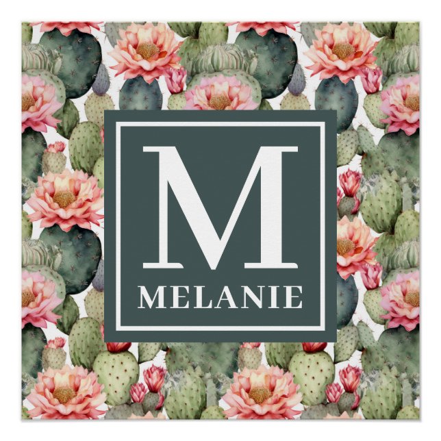 Cactus Pattern Pink Blume Monogramm Poster (Vorderseite)