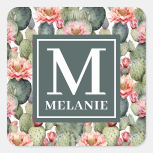 Cactus Pattern Pink Blume Monogramm Quadratischer Aufkleber