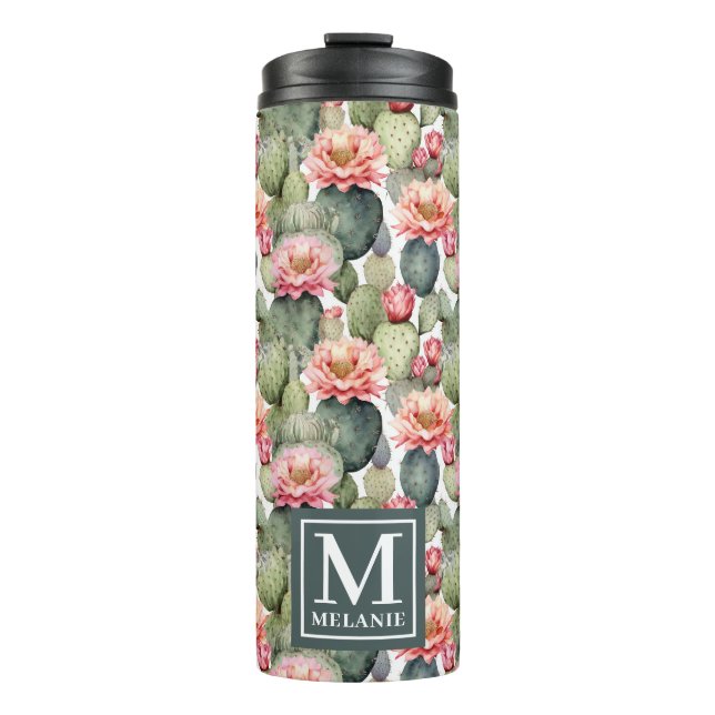 Cactus Pattern Pink Blume Monogramm Thermosbecher (Vorderseite)