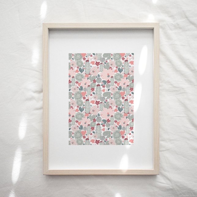 Cactus Pink Green Floral Pattern Art Print Poster (Von Creator hochgeladen)