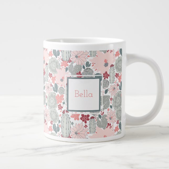 Cactus Pink Mint Succulents Pattern mit Namen Jumbo-Tasse (Rechts)