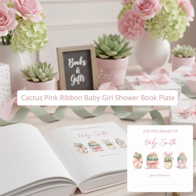 Cactus Pink Ribbon Baby Girl Shower Book Plate Quadratischer Aufkleber (Von Creator hochgeladen)