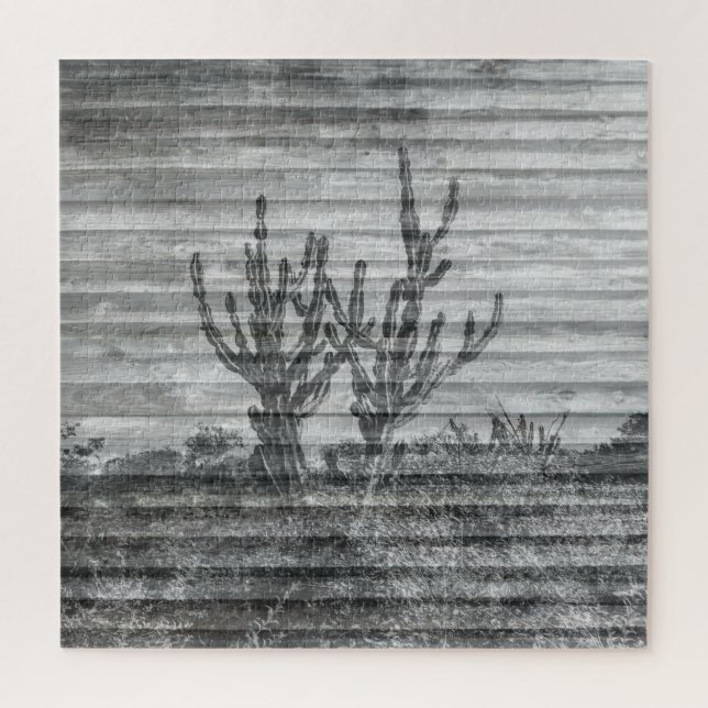 Cactus Plants On Wood Planks Black And White Photo Puzzle (Vertikal)
