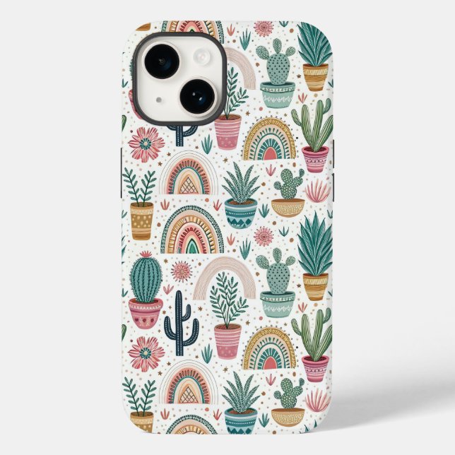 Cactus Pot with Plants, Flowers and Rainbows Case-Mate iPhone Hülle (Rückseite)