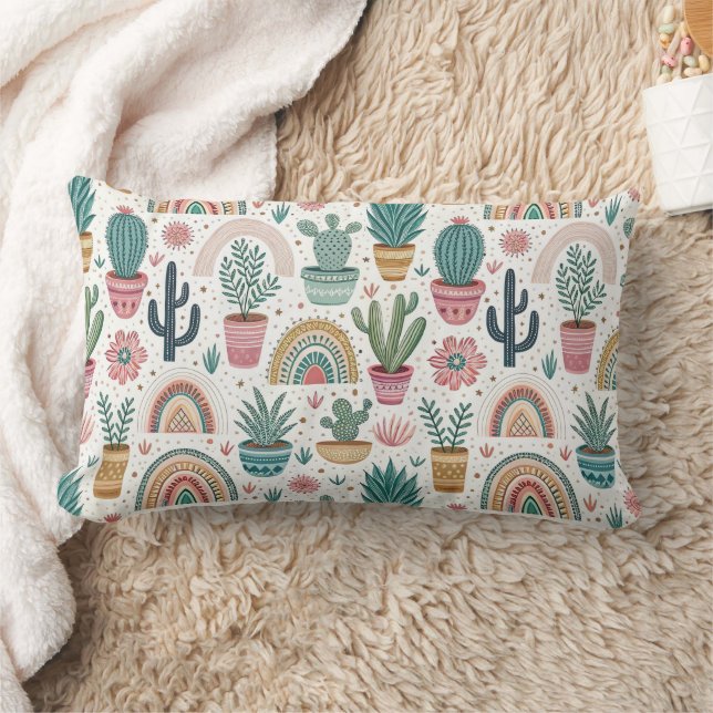 Cactus Pot with Plants, Flowers and Rainbows Lendenkissen (Decke)