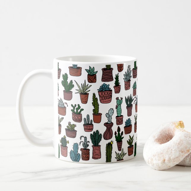 Cactus Potted Pflanze Niedliches Muster farbenfroh Kaffeetasse (Mit Donut)
