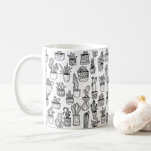 Cactus Potted Pflanze Niedliches Muster Schwarz &  Kaffeetasse (Mit Donut)