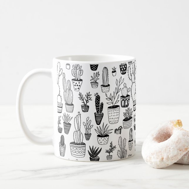 Cactus Potted Pflanze Niedliches Muster Schwarz &  Kaffeetasse (Mit Donut)
