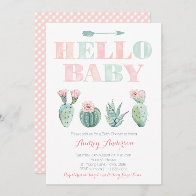 Cactus Prickly Pear Pink Green Baby Shower Cards Einladung (Vorne/Hinten)