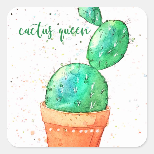 Cactus Queen Watercolor Quadratischer Aufkleber (Vorderseite)