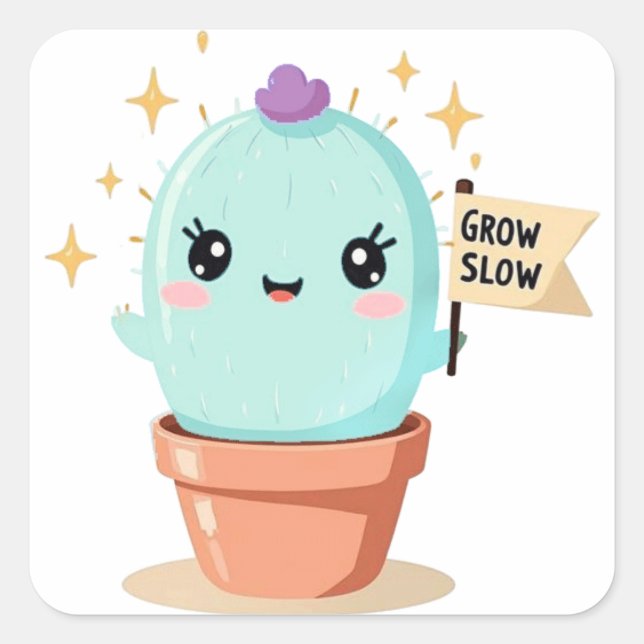 Cactus StickerGrow Slow - Niedlicher Kawaii Pastel Quadratischer Aufkleber (Vorderseite)