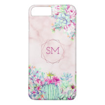 Cactus succulent Blush Marble Geometric Monogram