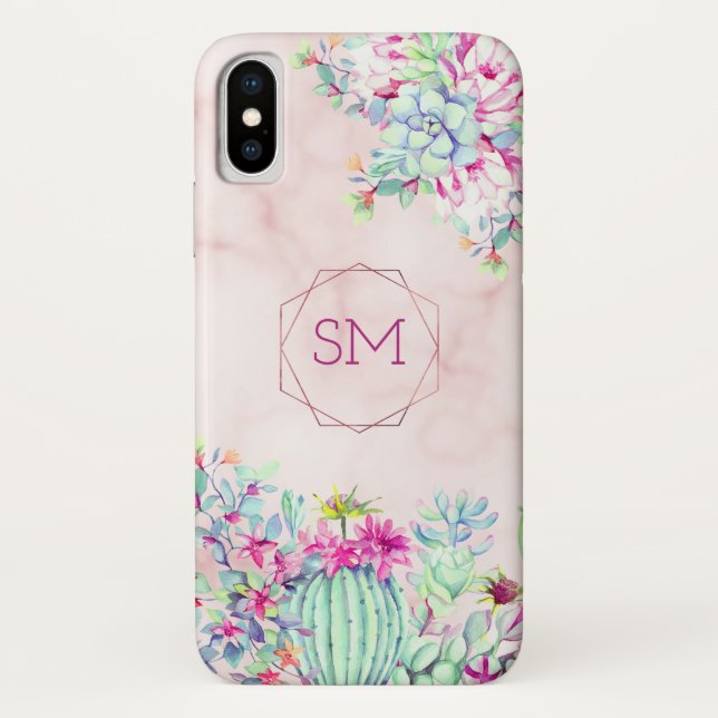 Cactus succulent Blush Marble Geometric Monogram Case-Mate iPhone Hülle (Rückseite)