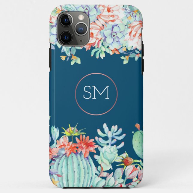 Cactus succulent monogram Ocean Blue Monogram Case-Mate iPhone Hülle (Rückseite)