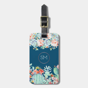 Cactus succulent monogram Ocean Blue Personalisier Gepäckanhänger