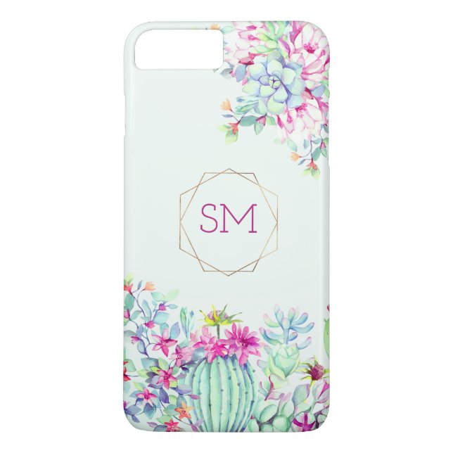 Cactus succulent Watercolor Geometric Monogram Case-Mate iPhone Hülle (Rückseite)