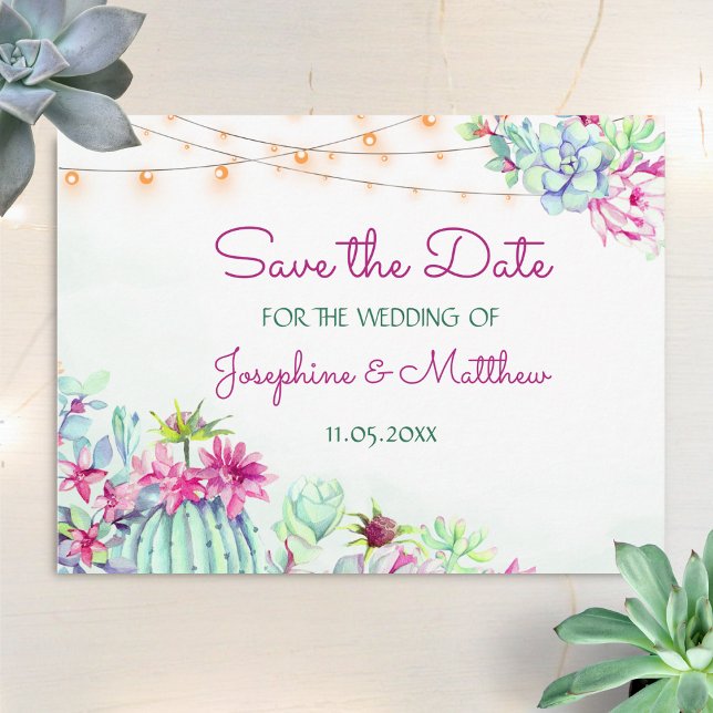 Cactus succulents string Lights Save the Date Ankündigungspostkarte (Von Creator hochgeladen)