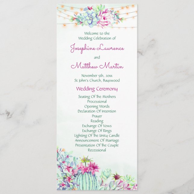 Cactus succulents string Lights Wedding Programs Programm (Vorderseite)