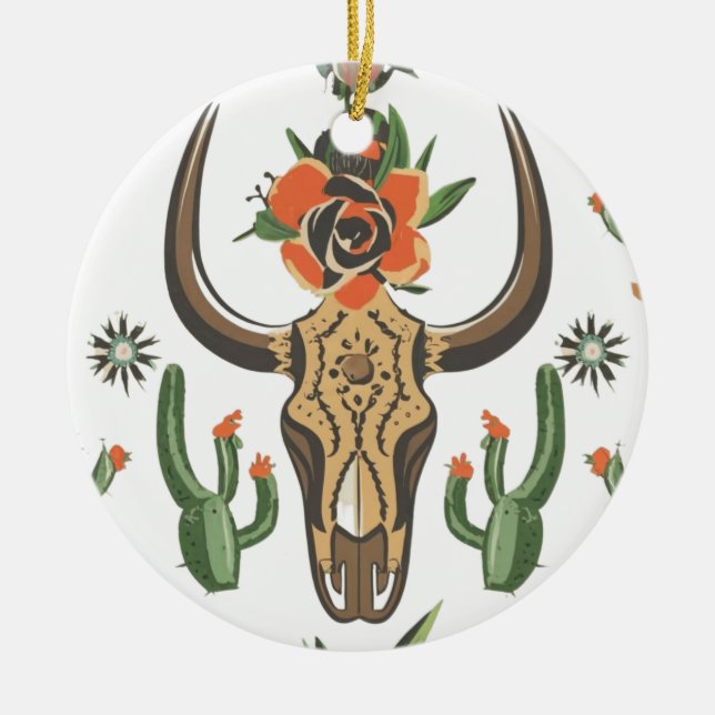 Cactus Western Country Aztec Bull Skull Keramik Ornament (Vorne)