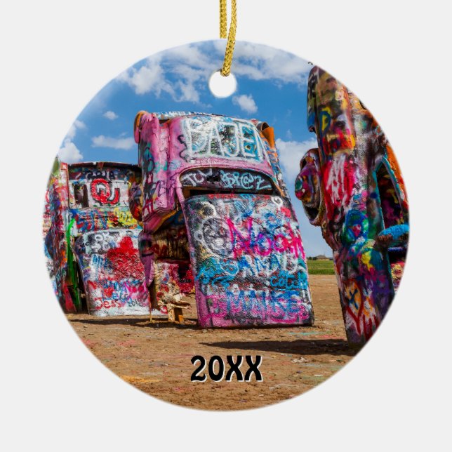 Cadillac Ranch, Amarillo, Texas Keramik Ornament (Vorne)