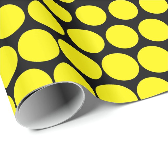 Cadmium Yellow Polka Dot Modernes Schwarz Geschenkpapier (Rolleneckpunkt)