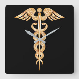 Caduceus Black and Gold Wall Clock Quadratische Wanduhr