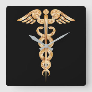Caduceus Black and Gold Wall Clock Quadratische Wanduhr