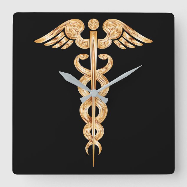 Caduceus Black and Gold Wall Clock Quadratische Wanduhr (Vorderseite)