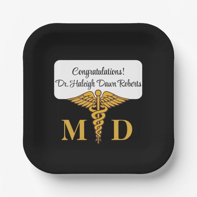 Caduceus Black & Gold Medical School Abschluss Pappteller (Vorderseite)