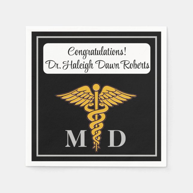 Caduceus Black & Silver Medical School Abschluss Serviette (Vorderseite)