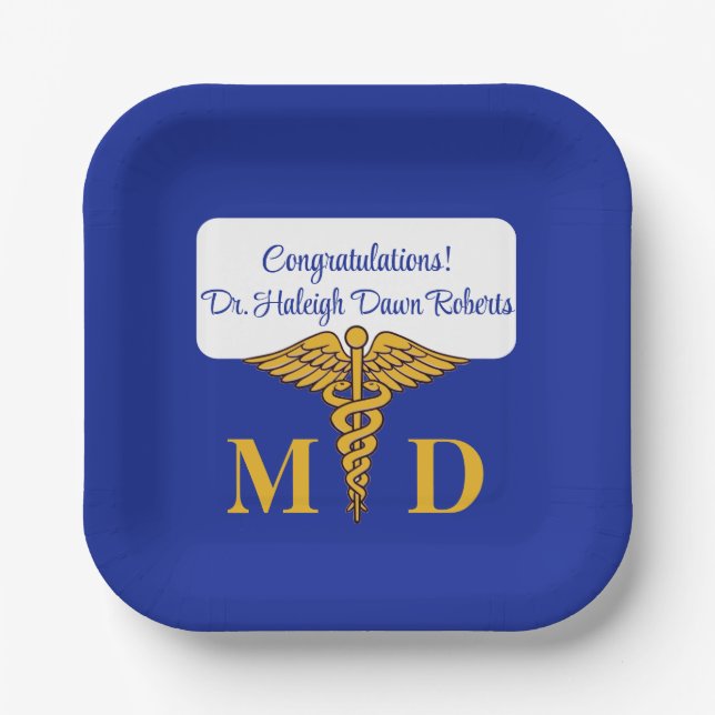 Caduceus Blue & Gold Medical School Abschluss Pappteller (Vorderseite)