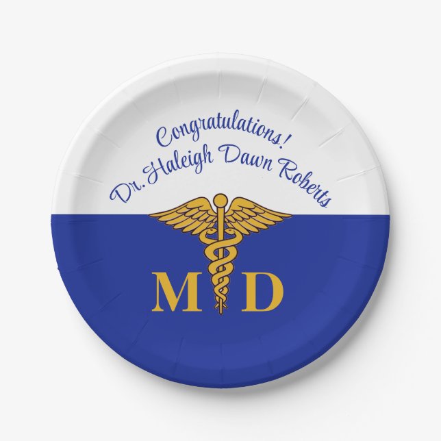Caduceus Blue & White Medical School Abschluss Pappteller (Vorderseite)