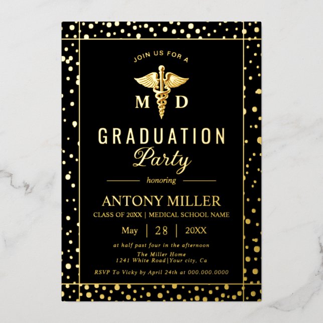 Caduceus Class Of 2026 black graduation Gold foil Folieneinladung (Vorderseite)
