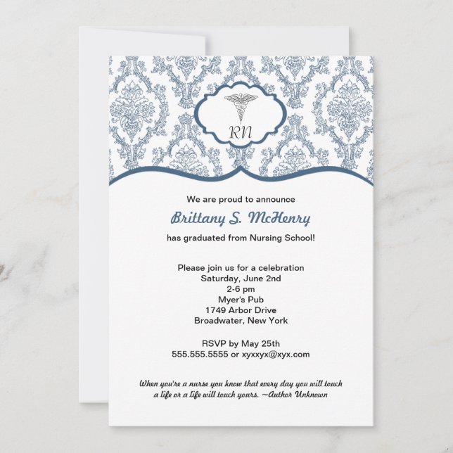 Caduceus-Damastmarineblau Einladung (Vorderseite)