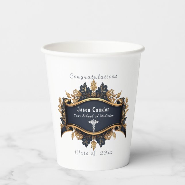 Caduceus Elegant White Navy Blue Gold White Pappbecher (Rückseite)