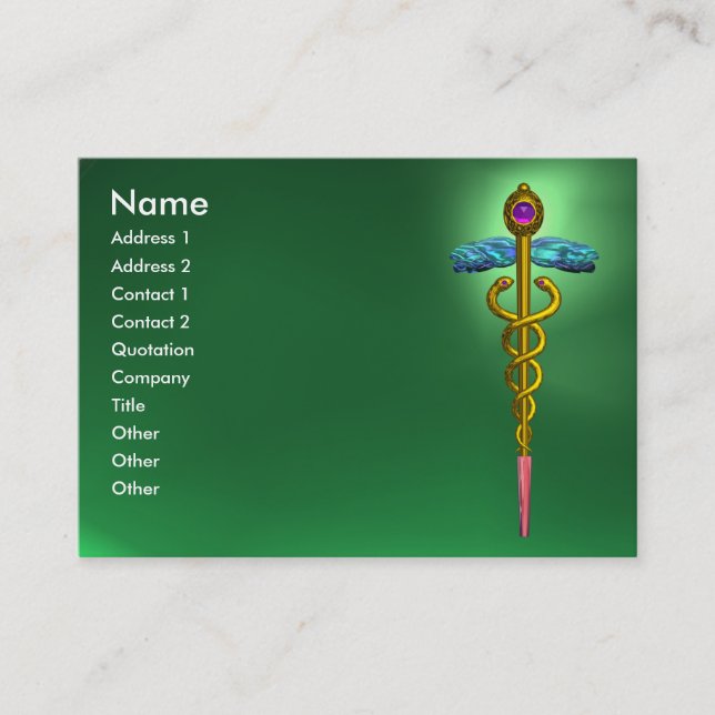 CADUCEUS, JADE GREEN, lebhafter Goldamethyst, rosa Visitenkarte (Vorderseite)