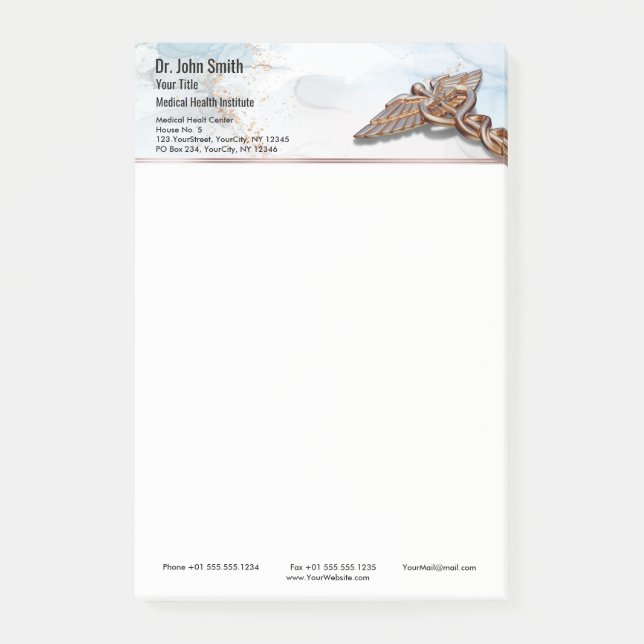 Caduceus Kupfer Rose Gold Medical Luxus Marmor Post-it Klebezettel (Vorderseite)